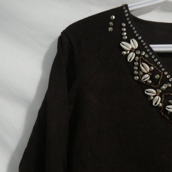 JESSICA | large | Brown V-Neck Sweater with Sequin & Sea Shell Floral Design - Picture 3 of 15